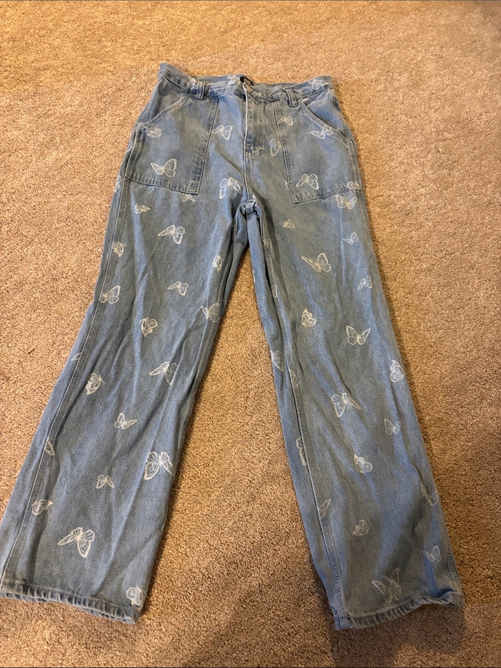 Light Blue Butterfly Wide-Leg Jeans